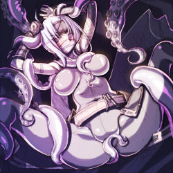 Rule 34 | 1girl, blush, breasts, covered mouth, gloves, large breasts, mask, mouth mask, ninja, original, purple eyes, sakuya tsuitachi, short hair, silver hair, solo, spread legs, tentacles