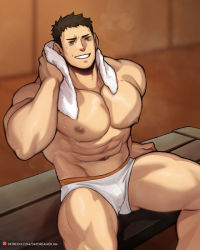 Rule 34 | 1boy, abs, alternate pectoral size, bara, bench, briefs, brown hair, haikyuu!!, jimsdaydreams, large pectorals, looking at viewer, male focus, male underwear, muscular, muscular male, navel, nipples, paid reward available, pectorals, paid reward available, sawamura daichi, short hair, sideburns, sitting, smile, solo, spread legs, stomach, sweat, thick thighs, thighs, towel, towel around neck, underwear, underwear only, white male underwear