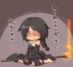 Rule 34 | 1girl, bandages, barefoot, black hair, blush, braid, cape, chibi, choker, demon&#039;s souls, female focus, from software, gunjima souichirou, jewelry, long hair, maiden in black, necklace, solo, staff, translation request
