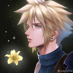 Rule 34 | 1boy, armor, black background, blonde hair, blue eyes, blue shirt, cloud strife, earrings, final fantasy, final fantasy vii, final fantasy vii remake, flower, jewelry, lily (flower), shirt, shoulder armor, solo, spiked hair, square enix, sylvia m, turtleneck, yellow flower