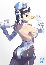 Rule 34 | 1girl, animal ears, animal print, artist logo, bell, black hair, black pantyhose, blue eyes, commentary request, corn dog, cow ears, cow horns, cow print, cowbell, cowboy shot, detached collar, ear tag, eating, elbow gloves, from behind, gloves, hat, highres, horns, long hair, looking at viewer, original, pantyhose, ponytail, simple background, solo, soramiruku, standing, tray, white background, white gloves, wrist cuffs