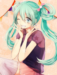 Rule 34 | 1girl, blue eyes, double v, green hair, grin, hatsune miku, long hair, skirt, smile, solo, syutyou, thighhighs, twintails, v, vocaloid, wink