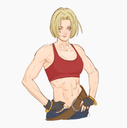 Rule 34 | 1girl, abs, ashley swidowski, bare arms, belt, blonde hair, blue eyes, blue mary, blue pants, bob cut, breasts, cleavage, collarbone, fatal fury, fingerless gloves, gloves, hands on own hips, muscular, muscular female, pants, red sports bra, short hair, snk, solo, sports bra, the king of fighters, white background, wristband