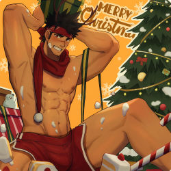 Rule 34 | 1boy, abs, arms up, bandaid, bandaid on cheek, bandaid on face, bara, blush, bulge, christmas, christmas tree, dark-skinned male, dark skin, f jun, feet out of frame, grin, headband, highres, long sideburns, looking at viewer, male focus, mature male, merry christmas, muscular, muscular male, navel, navel hair, nipples, original, scar, scar on face, scar on nose, short hair, sideburns, sitting, smile, snow, solo, spiked hair, spread legs, stomach, thick thighs, thighs, topless male