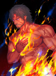 Rule 34 | 1boy, abs, bara, black hair, burning, clive rosfield, cowboy shot, final fantasy, final fantasy xvi, fire, from side, glowing, glowing eyes, grey hair, hand on own chest, highres, large pectorals, looking ahead, lrpanda00, male focus, mature male, muscular, muscular male, pectorals, purple eyes, sanpaku, short hair, solo, strongman waist, thick eyebrows