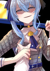 Rule 34 | 1girl, 1other, absurdres, axe, black background, black choker, blue eyes, blue hair, choker, crazy smile, dress, grabbing another&#039;s arm, grey dress, highres, holding, holding axe, hololive, hoshimachi suisei, hoshimachi suisei (1st costume), long hair, looking at viewer, nanakusa ayame, smile, star (symbol), star choker, striped clothes, striped dress, vertical-striped clothes, vertical-striped dress, virtual youtuber