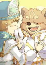 Rule 34 | 2boys, bear boy, blonde hair, blue headwear, brown fur, child, clapping, closed eyes, commentary, commentary request, crave saga, hiratai tori, jewelry, male focus, multiple boys, nine (crave saga), playing, ring, short hair, smile, upper body