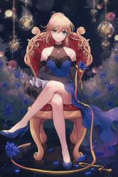 Rule 34 | 1girl, artoria pendragon (all), artoria pendragon (fate), bare legs, bare shoulders, black background, black gloves, blue dress, blue eyes, blue flower, blue footwear, blue rose, braid, breasts, cleavage, closed mouth, collarbone, commentary, crossed legs, dress, elbow gloves, fate/grand order, fate (series), flower, full body, glint, gloves, hair between eyes, high heels, highres, holding, holding flower, lens flare, light smile, looking at viewer, medium breasts, official alternate costume, ozzingo, ribbon, rose, saber (fate), saber (lapis lazuli dress) (fate), see-through, see-through cleavage, short hair, sitting, sleeveless, sleeveless dress, solo, sparkle, symbol-only commentary, throne, tile floor, tiles, yellow ribbon