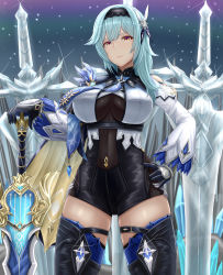 Rule 34 | 1girl, absurdres, archstreal, black gloves, black hairband, black leotard, black thighhighs, blue cape, blue hair, blue necktie, blush, breasts, cape, closed mouth, eula (genshin impact), genshin impact, gloves, hair ornament, hairband, highres, ice, large breasts, leotard, long sleeves, looking at viewer, medium hair, necktie, sidelocks, solo, sword, thighhighs, thighs, weapon, yellow eyes