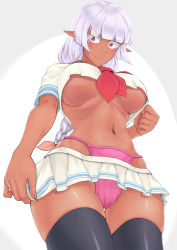 Rule 34 | 1girl, absurdres, black thighhighs, blue sailor collar, blunt bangs, blush, braid, breasts, clenched hand, colored eyelashes, constricted pupils, crop top, dark-skinned female, dark skin, elf, french braid, from below, highres, kamikili, large breasts, long braid, long hair, looking at viewer, microskirt, mismatched eyelashes, navel, neckerchief, panties, pink panties, pleated skirt, pointy ears, red neckerchief, sailor collar, school uniform, serafuku, shirt, short sleeves, skirt, solo, stomach, tan, thighhighs, thighs, underboob, underwear, very long hair, white shirt, white skirt