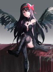 Rule 34 | 1girl, akemi homura, akuma homura, black gloves, black hair, black wings, breasts, crossed legs, elbow gloves, gloves, hand on own chin, highres, long hair, looking at viewer, mahou shoujo madoka magica, mahou shoujo madoka magica: hangyaku no monogatari, mary janes, painterly, purple eyes, red ribbon, ribbon, shoes, small breasts, smile, solo, tami (zagh5778), thighhighs, wings