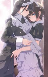 Rule 34 | 2girls, apron, black hair, blue eyes, blush, clothes lift, colored inner hair, dress, dress lift, highres, lifting another&#039;s clothes, light particles, long hair, maid, maid apron, maid headdress, multicolored hair, multiple boys, multiple girls, original, parted lips, purple hair, yuri, zoneky