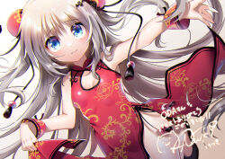 Rule 34 | 1girl, bare shoulders, blue eyes, breasts, bun cover, china dress, chinese clothes, chinese new year, dress, grey hair, hair ornament, highres, kise itsuki, kud wafter, little busters!, long hair, looking at viewer, non-web source, noumi kudryavka, red dress, side slit, small breasts, smile, solo