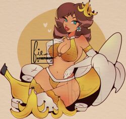 Rule 34 | 1girl, banana, blue eyes, bra, breasts, brown hair, cleavage, covered erect nipples, cresscin, earrings, eye contact, flower earrings, food, food on head, fruit, gloves, hand on own chest, heart, highres, jewelry, large breasts, long hair, looking at another, looking at viewer, mario (series), navel, nintendo, object on head, panties, princess daisy, red lips, smile, super mario land, thighhighs, underwear, white gloves, white thighhighs, yellow background, yellow bra, yellow panties