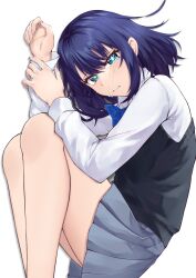 Rule 34 | 1girl, absurdres, bare legs, black sweater vest, blue bow, blue bowtie, blue eyes, blue hair, bow, bowtie, closed mouth, collared shirt, commentary, crying, crying with eyes open, feet out of frame, grey skirt, hair between eyes, highres, holding own wrist, kurokawa akane, long sleeves, looking at viewer, lying, medium hair, on side, oshi no ko, pleated skirt, puffy sleeves, school uniform, shirt, sidelocks, simple background, skirt, solo, star-shaped pupils, star (symbol), streaming tears, sweater vest, symbol-shaped pupils, tapume, tears, variant set, white background, white shirt