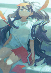 Rule 34 | 1girl, black hair, blue eyes, book, closed mouth, commentary request, feet out of frame, highres, holding, holding book, indoors, light particles, long hair, original, papers, potg (piotegu), shirt, short sleeves, shorts, signature, sitting, solo, t-shirt, very long hair, white shirt