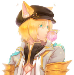 Rule 34 | 1boy, animal ears, beret, blonde hair, blowing bubbles, blue eyes, brown hat, cat ears, chain, chewing gum, coat, commentary request, eyes visible through hair, grey coat, hair between eyes, hat, looking to the side, male focus, misuguu, open mouth, ragnarok online, shirt, short hair, simple background, solo, upper body, warlock (ragnarok online), white background, white shirt