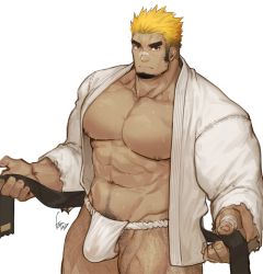 Rule 34 | 1boy, abs, bandaid, bandaid on face, bandaid on nose, bara, bare pectorals, belt, black hair, blonde hair, bulge, character request, copyright request, cowboy shot, dougi, facial hair, fundoshi, goatee, gomtang, hairy, japanese clothes, large pectorals, leg hair, long sideburns, male focus, male pubic hair, male underwear, martial arts belt, mature male, multicolored hair, muscular, muscular male, navel, navel hair, nipples, no pants, open clothes, original, pectorals, penis, penis peek, pubic hair, short hair, sideburns, solo, stomach, sweat, thick eyebrows, thick thighs, thighs, two-tone hair, underwear, white male underwear