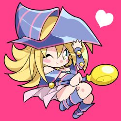 Rule 34 | 1girl, blonde hair, boots, breasts, chibi, dark magician girl, duel monster, female focus, green eyes, hat, long hair, looking at viewer, misaka (missa), simple background, smile, solo, wand, wink, wizard hat, yu-gi-oh!, yuu-gi-ou, yu-gi-oh! duel monsters