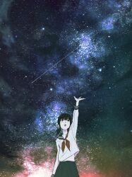 Rule 34 | 1girl, :o, absurdres, arm at side, black eyes, black hair, black skirt, cowboy shot, galaxy, highres, long bangs, long sleeves, looking up, low twintails, neckerchief, night, night sky, oka kojiro, open hand, open mouth, original, outdoors, outstretched arm, pleated skirt, red neckerchief, scenery, school uniform, serafuku, shirt, shooting star, short hair, sidelocks, skirt, sky, solo, space, star (sky), starry sky, twintails, white shirt