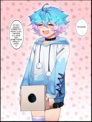Rule 34 | 1boy, ahoge, blue hair, blush, box, closed eyes, collar, dick in a box, english text, fang, gradient hair, green eyes, heart, highres, holding, holding box, hood, hood down, hoodie, indie virtual youtuber, linechu, long sleeves, looking at viewer, multicolored hair, open mouth, pink background, pink hair, purple hair, short hair, simple background, single thighhigh, skin fang, smile, solo, thighhighs, tiredcatmom, trap, two-tone hair, virtual youtuber, wavy hair