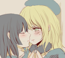 Rule 34 | 10s, 2girls, atago (kancolle), bad id, bad pixiv id, beret, black hair, blonde hair, blue eyes, blush, closed eyes, hat, imminent kiss, kantai collection, long hair, multiple girls, no headwear, short hair, simple background, sui (camellia), takao (kancolle), yuri