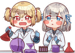 Rule 34 | 2girls, :d, absurdres, alternate costume, ayano rika, blonde hair, blue eyes, blue gloves, blue necktie, blue ribbon, blue shirt, blunt bangs, blush stickers, chemistry, chibi, coat, collared shirt, commentary, commission, english commentary, eyes visible through hair, flask, gloves, grey hair, hair between eyes, hair ornament, hair ribbon, hair scrunchie, highres, isuzu ren, lapels, long bangs, looking at another, looking at object, magia record: mahou shoujo madoka magica gaiden, mahou shoujo madoka magica, medium hair, mogu m.g, multiple girls, necktie, open mouth, parted lips, red eyes, ribbon, round-bottom flask, scrunchie, second-party source, shirt, short hair, sidelocks, simple background, smile, sparkle, swept bangs, two side up, upper body, white background, white coat, white scrunchie