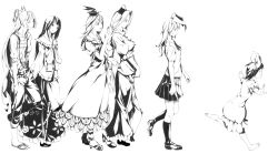 Rule 34 | 6+girls, animal ears, barefoot, bow, braid, dress, everyone, female focus, fujiwara no mokou, full body, greyscale, hair bow, hands in pockets, hat, highres, houraisan kaguya, inaba tewi, kamishirasawa keine, loafers, long hair, long skirt, long sleeves, looking at another, monochrome, multiple girls, nurse cap, outstretched arms, pants, pleated skirt, puffy short sleeves, puffy sleeves, rabbit ears, reisen udongein inaba, running, sandals, shoes, short sleeves, simple background, skirt, smile, socks, sousou (sousouworks), spread arms, suspenders, sweatdrop, touhou, very long hair, walking, yagokoro eirin