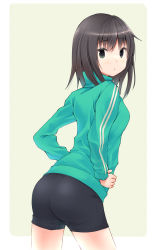 Rule 34 | 1girl, ass, beige background, bike shorts, black eyes, black hair, blush, breasts, brown hair, colored eyelashes, cowboy shot, from behind, from side, green eyes, green jacket, hands on own hips, highres, jacket, looking at viewer, okiru, original, short hair, sideboob, solo, track jacket, yellow background