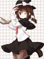 Rule 34 | 1girl, ;), black capelet, black hat, black skirt, book, bow, brown eyes, brown hair, brown pantyhose, capelet, checkered background, full body, hair bow, hat, hat ribbon, highres, holding, holding book, long sleeves, medium hair, necktie, one eye closed, open book, pantyhose, red necktie, ribbon, ruu (tksymkw), shirt, shoes, skirt, smile, solo, touhou, usami renko, white bow, white ribbon, white shirt