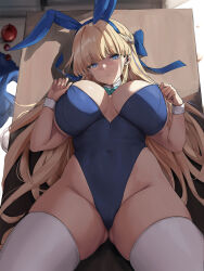 Rule 34 | 1girl, animal ears, bare shoulders, blonde hair, blue archive, blue eyes, blue leotard, blush, bow, bowtie, braid, breasts, chihunhentai, cleavage, covered navel, detached collar, earpiece, fake animal ears, french braid, gluteal fold, highleg, highleg leotard, highres, large breasts, leotard, long hair, looking at viewer, lying, on back, playboy bunny, rabbit ears, solo, thighhighs, thighs, toki (blue archive), toki (bunny) (blue archive), white thighhighs, wrist cuffs