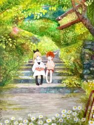 Rule 34 | 1boy, 1girl, absurdres, animal ears, barefoot, blonde hair, blue eyes, bow, brown hair, child, daisy, day, dress, eating, flower, food, grass, green eyes, hair bow, highres, holding, horns, long hair, nature, non na, original, outdoors, painting (medium), pantyhose, short hair, shorts, sitting, stairs, stone stairs, traditional media, tree, watercolor (medium), white dress, white flower