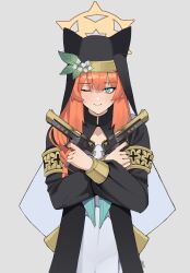 Rule 34 | 1girl, ;), absurdres, animal hat, blue archive, commentary, crossed arms, desert eagle, dual wielding, gar32, gun, habit, halo, handgun, hat, highres, holding, holding gun, holding weapon, looking at viewer, mari (blue archive), nun, one eye closed, orange hair, simple background, smile, solo, weapon