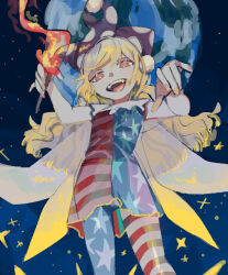 Rule 34 | 1girl, absurdres, american flag dress, american flag pants, arms up, bare shoulders, blonde hair, blue sky, clownpiece, commentary request, dress, earth (planet), fairy wings, fang, fangs, fingernails, fire, hair between eyes, hat, highres, holding, holding torch, jester cap, long fingernails, long hair, looking at viewer, looking down, nail polish, neck ruff, night, night sky, one-hour drawing challenge, orange nails, pants, planet, polka dot, purple hat, red eyes, shi chimi, sky, sleeveless, sleeveless dress, smile, solo, space, standing, star (sky), star (symbol), star print, starry sky, striped clothes, striped dress, striped pants, teeth, tongue, torch, touhou, transparent wings, wings