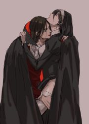 Rule 34 | 1boy, 1girl, alternate costume, arm around back, biting, black cloak, black dress, black hair, breasts, cloak, closed eyes, cowboy shot, dress, eren yeager, fang, green eyes, grey background, grey waistcoat, habit, hair between eyes, hand on another&#039;s shoulder, hand on another&#039;s thigh, high collar, highres, juliet sleeves, long sleeves, medium breasts, medium hair, mikasa ackerman, mnine5, neck biting, nun, open mouth, parted bangs, puffy sleeves, red cloak, red vest, shingeki no kyojin, shirt, short hair, thighhighs, two-sided cloak, two-sided fabric, vampire, vest, white shirt, white thighhighs