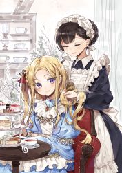 Rule 34 | 2girls, apron, armchair, black dress, black hair, blonde hair, blue dress, blue ribbon, blush, braid, braided bun, brooch, brushing hair, chair, closed eyes, collared dress, commentary request, cup, dress, food, frilled apron, frilled dress, frills, fruit tart, hair brush, hair bun, hair ribbon, hairdressing, highres, holding another&#039;s hair, indoors, jewelry, lace-trimmed sleeves, lace trim, long hair, looking at viewer, maid, maid headdress, mousse (food), multiple girls, no bangs, one side up, open mouth, original, parted hair, pastry, pie, pie slice, purple eyes, red ribbon, ribbon, saucer, shelf, sitting, smile, table, tart (food), teacup, tiered tray, u u, white apron, yukiko (tesseract)