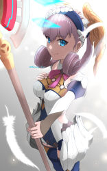 Rule 34 | 1girl, absurdres, blue eyes, blush, braid, breasts, crown braid, curly hair, gloves, head wings, highres, juliet sleeves, long hair, long sleeves, looking at viewer, medium breasts, melia antiqua, mercury xeno, o-ring, puffy sleeves, simple background, solo, staff, upper body, wings, xenoblade chronicles: future connected, xenoblade chronicles (series), xenoblade chronicles 1