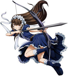 Rule 34 | 1girl, arrow (projectile), belt, blunt bangs, bow, bow (weapon), brown hair, dress, female focus, fighting stance, fingernails, flat chest, frills, gothic lolita, hairband, ikkitousen, jumping, lolita fashion, lolita hairband, long hair, looking at viewer, official art, ribbon, simple background, solo, ten&#039;i (ikkitousen), weapon, white background
