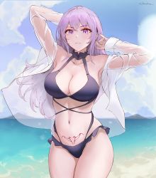 Rule 34 | 1girl, armpits, arms behind head, arms up, bare shoulders, beach, bikini, blue sky, blush, breasts, chowbie, cleavage, collarbone, large breasts, light purple hair, long hair, looking at viewer, navel, original, pubic tattoo, purple bikini, purple eyes, shore, sky, solo, stomach tattoo, swimsuit, tattoo, thighs