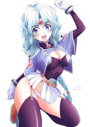 Rule 34 | 1girl, blue eyes, blue hair, breasts, circlet, cleavage, full body, garter straps, gloves, haou taikei ryuu knight, highres, large breasts, long hair, looking at viewer, nori (norimakigumo), open mouth, paffy pafuricia, panties, simple background, smile, solo, thighhighs, twintails, underwear, white background, white panties