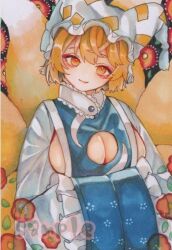 Rule 34 | 1girl, :d, blonde hair, breasts, cleavage, cleavage cutout, clothing cutout, dress, fox tail, hair between eyes, hat, large breasts, long sleeves, looking at viewer, marker (medium), monji (monzi328), multiple tails, open mouth, sideboob, smile, solo, tail, touhou, traditional media, upper body, yakumo ran