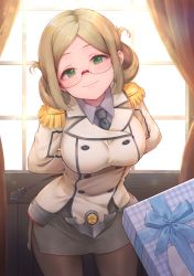 Rule 34 | 1girl, blush, box, breasts, brown hair, buttons, collared shirt, curtains, double-breasted, epaulettes, folded ponytail, gift, gift box, glasses, gloves, green eyes, holding, holding gift, indoors, jacket, kantai collection, katori (kancolle), large breasts, light brown hair, looking at viewer, military, military uniform, necktie, office, pantyhose, rimless eyewear, shirt, skirt, smile, sunset, tomamatto, uniform, white day, white gloves, window