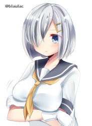 Rule 34 | 10s, 1girl, :&lt;, bad id, bad pixiv id, blue eyes, blush, breast holding, breast rest, breasts, collarbone, crossed arms, crossed legs, gloves, hair ornament, hair over one eye, hairclip, hamakaze (kancolle), kantai collection, large breasts, looking at viewer, masayo (gin no ame), neckerchief, sailor collar, school uniform, serafuku, shirt, short hair, short sleeves, silver hair, simple background, solo, twitter username, upper body, white background, white gloves, white shirt, yellow neckerchief