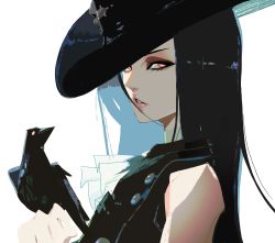 Rule 34 | 1boy, absurdres, androgynous, bird, bird on hand, black hair, commentary, crow, english commentary, eyelashes, eyeliner, eyeshadow, guilty gear, guilty gear strive, hat, highres, lips, looking at viewer, looking to the side, makeup, nem graphics, red eyes, shadow, simple background, teeth, testament (guilty gear), top hat, trap, upper body, white background