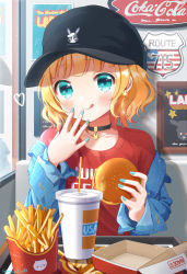 Rule 34 | 1girl, :q, alternate costume, aqua eyes, artist name, black choker, black hat, blue nails, blunt bangs, blush, brand name imitation, burger, casual, choker, clothes writing, collarbone, commentary, cup, day, denim, denim jacket, disposable cup, drinking straw, earrings, food, french fries, gochuumon wa usagi desu ka?, hand to own mouth, hat, heart, highres, hoop earrings, indoors, jacket, jewelry, kirima syaro, looking at viewer, mozukun43, nail polish, red shirt, shirt, short hair, smile, solo, tongue, tongue out, tray, twitter username