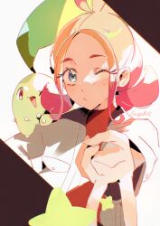 1girl absurdres blonde_hair blue_eyes chikorita creatures_(company) forehead game_freak gen_2_pokemon gradient_hair highres jacket looking_at_viewer multicolored_hair nintendo one_eye_closed pink_hair pokemon pokemon_(creature) pokemon_legends:_z-a puckered_lips star_(symbol) sugahri taunie_(pokemon) upper_body