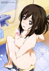 Rule 34 | 1girl, absurdres, ass, barefoot, bath stool, bathing, blush, breasts, brown eyes, brown hair, convenient censoring, drain (object), embarrassed, faucet, feet, from above, hair between eyes, highres, holding, holding sponge, kojima kana, large breasts, long hair, looking at viewer, looking back, magazine scan, megami magazine, mirror, nande koko ni sensei ga!?, nude, official art, ootsuka akira, open mouth, scan, shoulder blades, sitting, soap bottle, soap bubbles, solo, sponge, stool, tile floor, tiles, toes