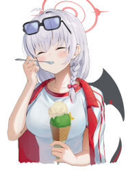 1girl absurdres ahoge auui black-framed_eyewear black_wings blue-tinted_eyewear blue_archive blush bow braid breasts closed_eyes closed_mouth cropped_torso double_scoop eyewear_on_head facing_viewer food glasses grey_hair hair_bow hair_intakes halo haruna_(blue_archive) highres holding holding_food holding_spoon ice_cream ice_cream_cone jacket jacket_on_shoulders long_hair medium_breasts red_bow shirt simple_background single_braid solo spoon sunglasses tinted_eyewear upper_body white_background white_jacket white_shirt wings