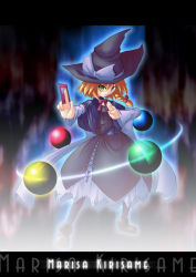 Rule 34 | 1girl, akakage red, blonde hair, character name, female focus, hat, hat ribbon, kirisame marisa, red (artist), ribbon, solo, spell card, touhou, witch hat, yellow eyes