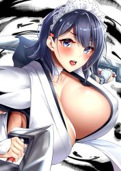 Rule 34 | 1girl, 3104 (3104milkshake), blue eyes, blush, breasts, choker, cleavage, collarbone, commentary, covered erect nipples, dual wielding, flipped hair, hair ornament, hairclip, highres, holding, holding weapon, huge breasts, iroha (samurai spirits), japanese clothes, large breasts, looking at viewer, maid, maid headdress, open mouth, samurai spirits, short hair, solo, tareme, teeth, upper body, upper teeth only, weapon, white choker